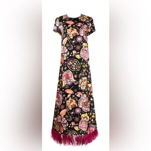 La doubleJ Black Floral Maxi Dress with Pink Feather Hem